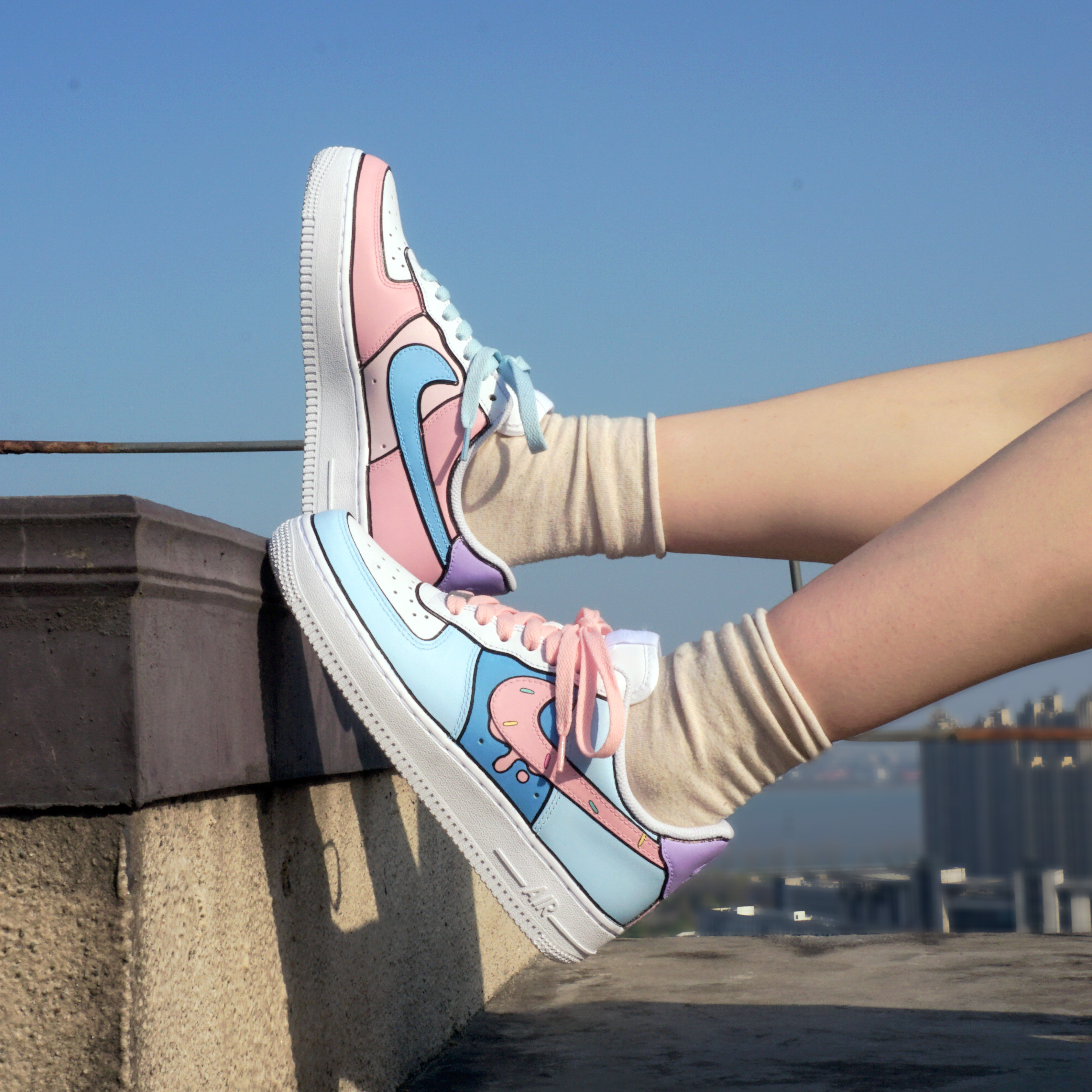 nike air force1 纯白空军一号二次元定制 蓝粉色鸳鸯冰激凌勾diy