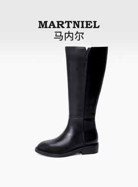 马内尔2025新款牛皮极简骑士靴女黑色高筒靴粗跟百搭显瘦长筒靴子
