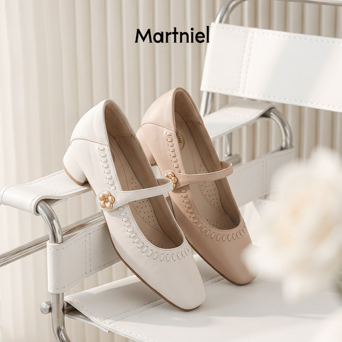MARTNIEL/马内尔温柔风玛丽珍真皮粗跟方头一字带浅口单鞋