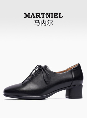 马内尔2025新款小皮鞋女早春新款黑色深口通勤设计感小众粗跟单鞋