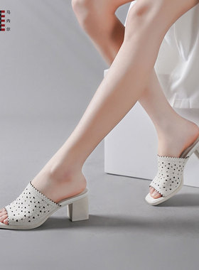 马内尔拖鞋女夏季新款一脚蹬法式拖鞋冲孔透气粗跟高跟凉鞋G28112