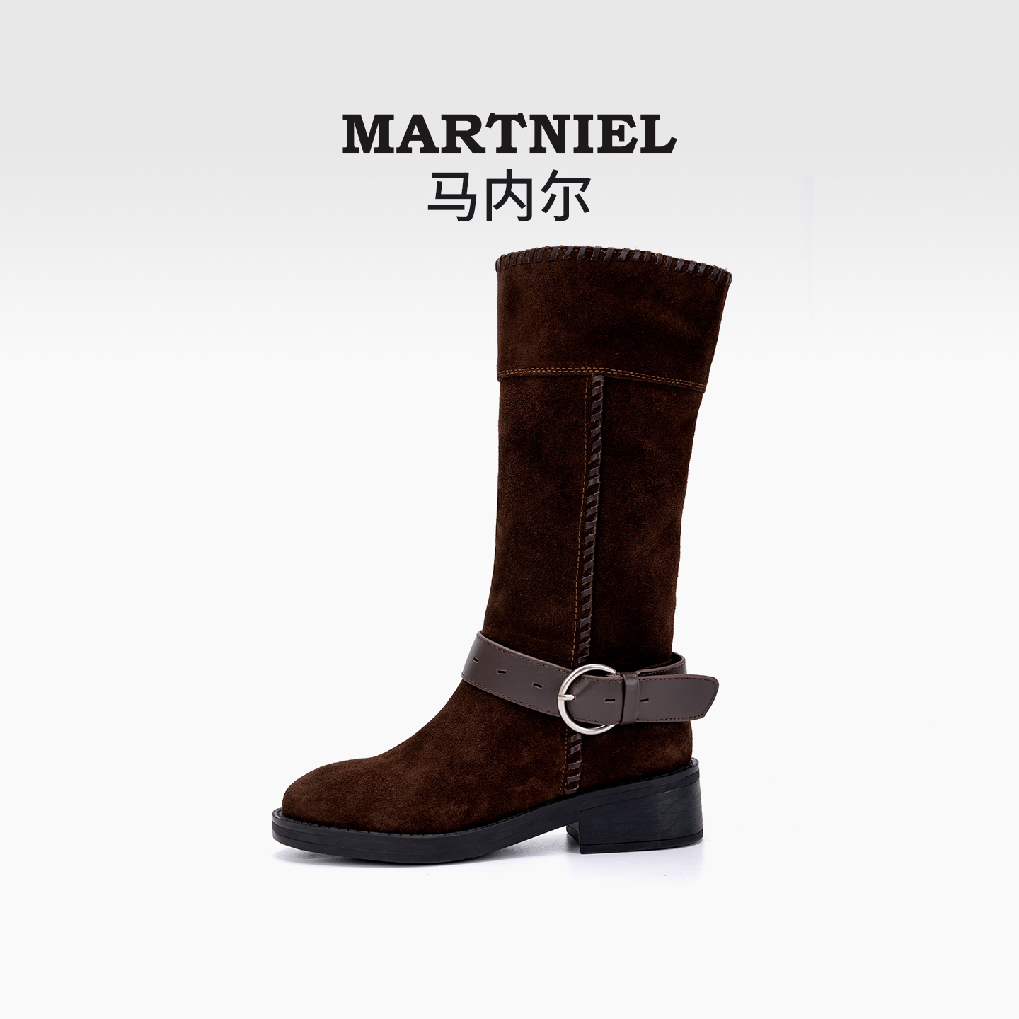 马内尔咖色复古欧美风反绒皮带扣中筒靴女中跟粗跟骑士靴西部靴