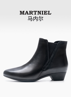 马内尔2025新款短筒时装靴靴粗跟真皮女靴低跟通勤加绒妈妈鞋短靴
