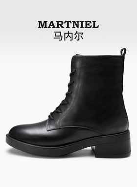 马内尔女靴马丁靴冬季新款黑色英伦风休闲加绒保暖机车短靴时装靴