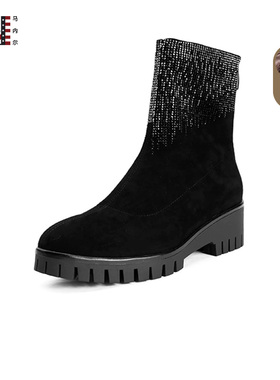 马内尔短靴女秋冬新款黑色后拉链加绒保暖高跟时装靴G29112