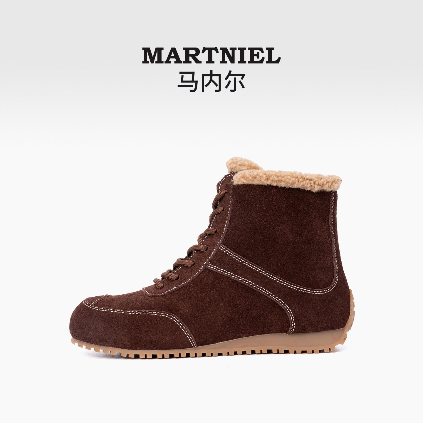 MARTNIEL马内尔牛皮高帮鞋女加绒保暖复古休闲短靴棕色时尚雪地靴