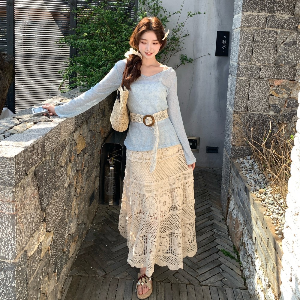 2025夏季新款时尚旅游风套装女蓝防晒T恤加半身裙两件套,女装套装/套裙,浙宝193A