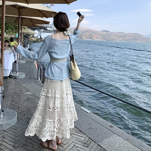 2025夏季新款时尚旅游风套装女蓝防晒T恤加半身裙两件套图片