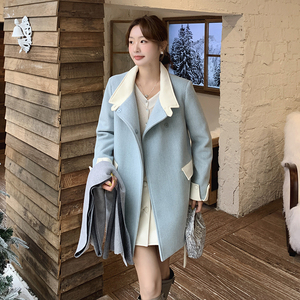 蓝色撞色毛呢外套女冬2025新款高级设计感收腰显瘦中长款呢子大衣