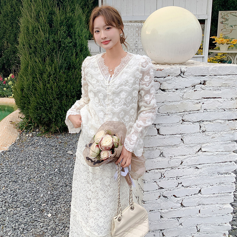 御姐轻熟长袖连衣裙女装2025春秋季新款性感蕾丝V领包臀鱼尾长裙,女装蕾丝衫/雪纺衫,浙宝193A