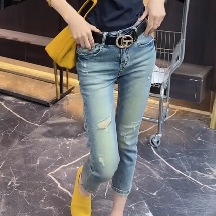 高腰显瘦八分破洞烟管裤