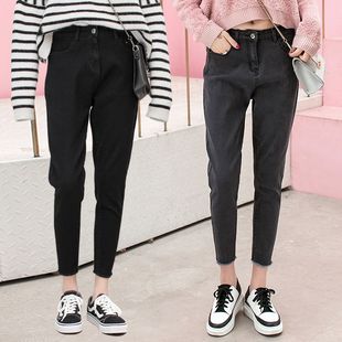 女微胖mm梨型身材遮胯显瘦弹力哈伦裤 大码 高腰黑色九分小脚牛仔裤