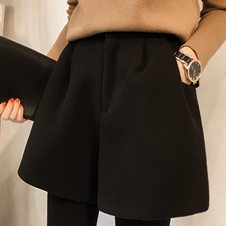 大码高腰a字阔腿裤毛呢短裤女