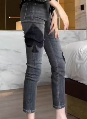 春夏季烟灰色高腰弹力紧身小脚牛仔裤女大码显瘦小个子九分铅笔裤