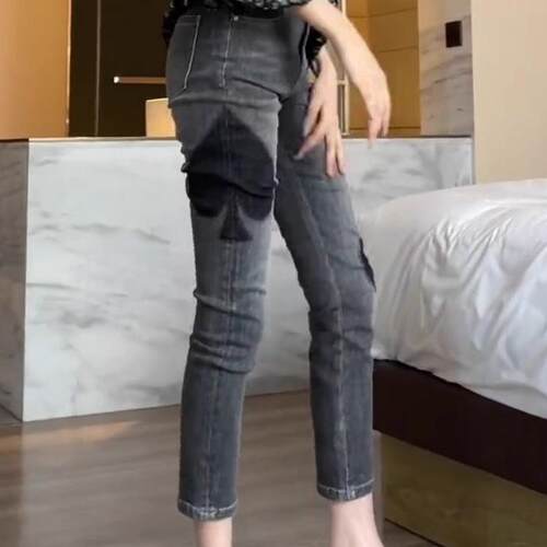 春夏季烟灰色高腰弹力紧身小脚牛仔裤女大码显瘦小个子九分铅笔裤