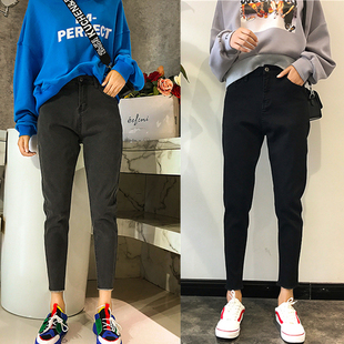 女微胖mm梨型身材遮胯显瘦九分哈伦裤 大码 黑色高腰弹力小脚牛仔裤