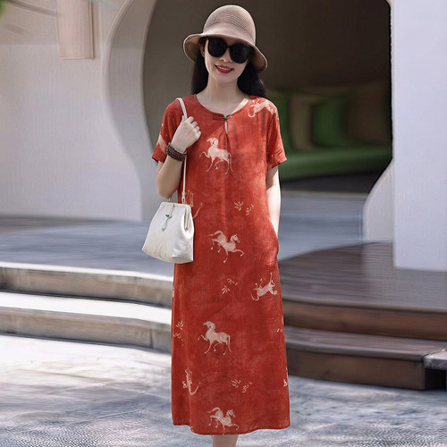 新款中国风中年妈妈棉绸连衣裙女夏季中老年洋气阔太太人造棉裙子