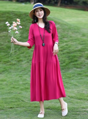 高端玫红妈妈大码女装遮肚显瘦棉绸连衣裙宽松大摆蓝色沙滩裙外穿