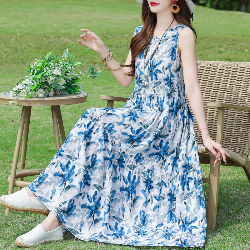 复古油画风印花棉绸连衣裙女