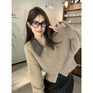 慵懒风软糯针织开衫上衣毛衣拼接皮领双拉链女百搭设计感毛衣外套