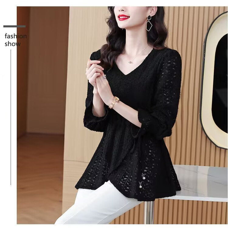 通勤风蕾丝衫V领长袖修身显瘦
