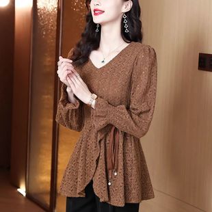 法式复古蕾丝V领衬衫2025新款春秋装设计感小众收腰显瘦长袖上衣