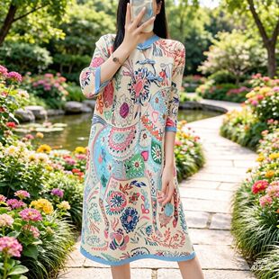 中式风印花短袖连衣裙女A字裙复古改良旗袍裙减龄中国风遮肚子