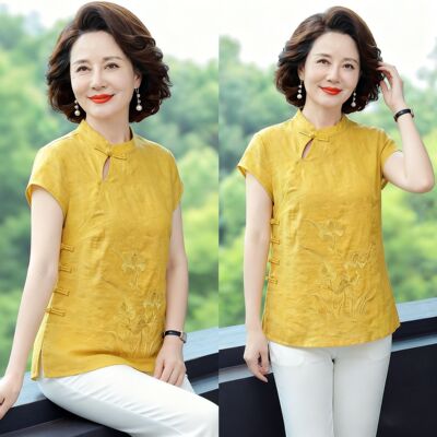 新中式盘扣刺绣立领短袖大码上衣