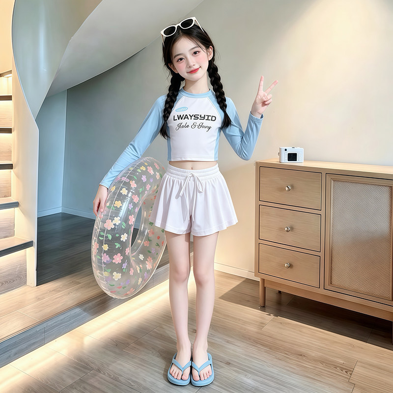 女童分体泳衣套装夏季儿童长袖防晒速干游泳衣女孩泡温泉两件套潮