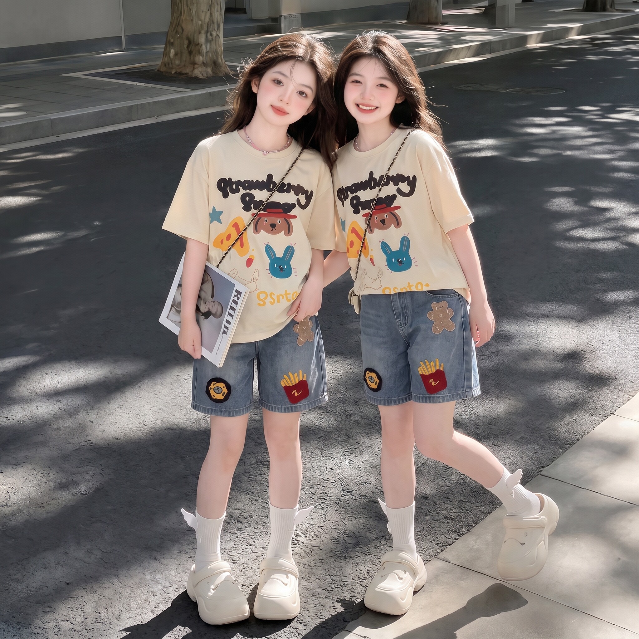 女童T恤套装夏季新款韩版女孩短袖牛仔短裤两件套中大儿童夏装潮t