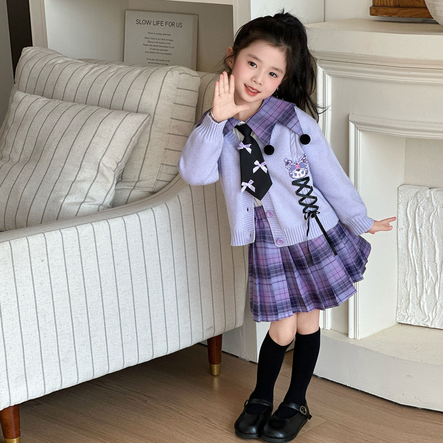 女童库洛米学院风演出服春秋儿童毛衣衬衫格子裙三件套表演cos服