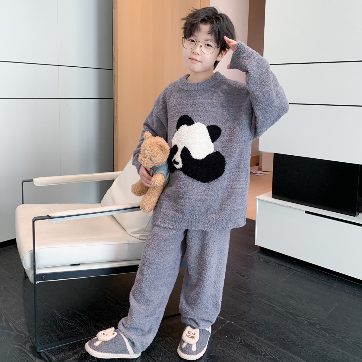 男童冬季半边绒家居服睡衣儿童休闲加绒套装中大童男孩保暖童装潮