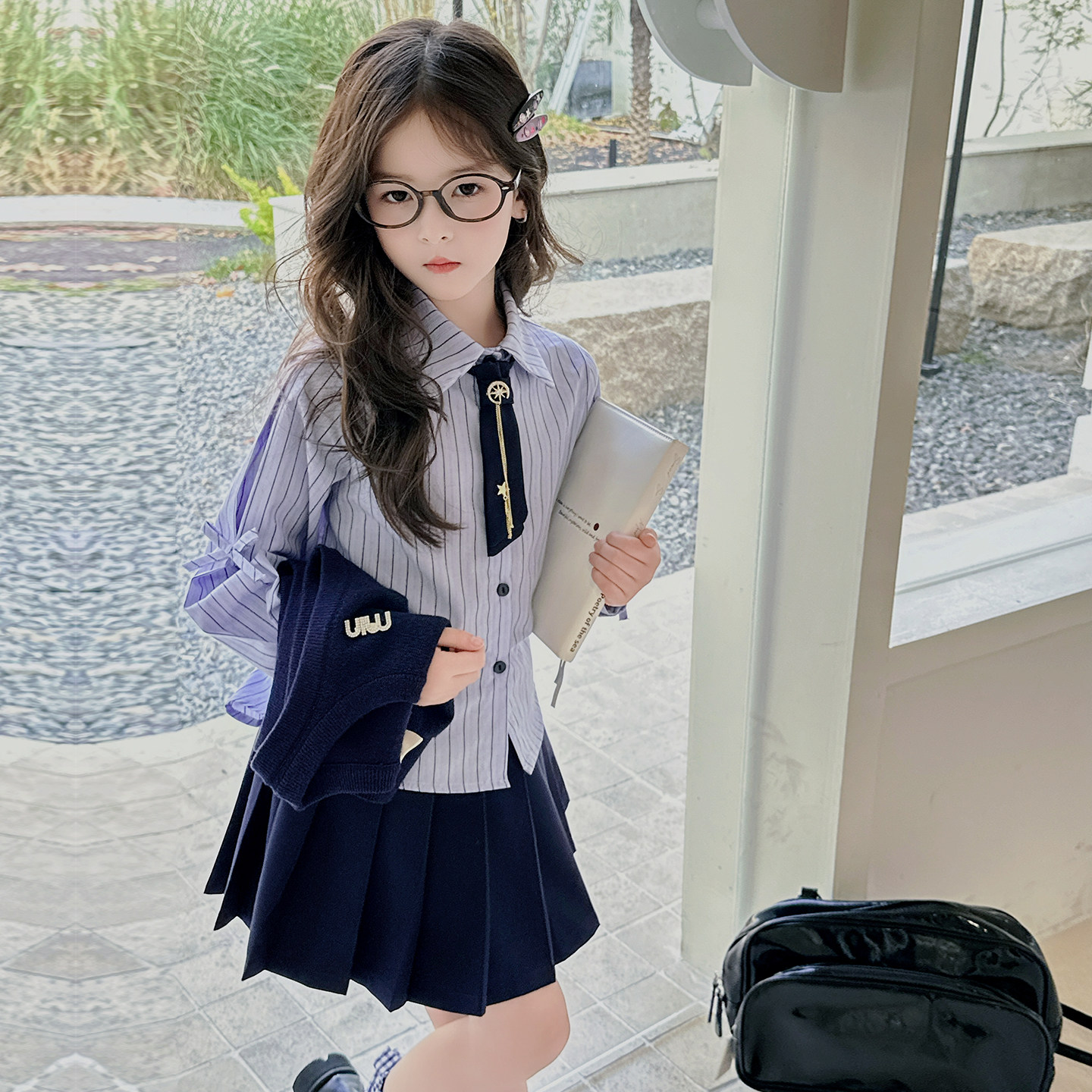 女童园服校服学院风演出服春秋儿童jk衬衫亮丝马甲衬衫裙子三件套