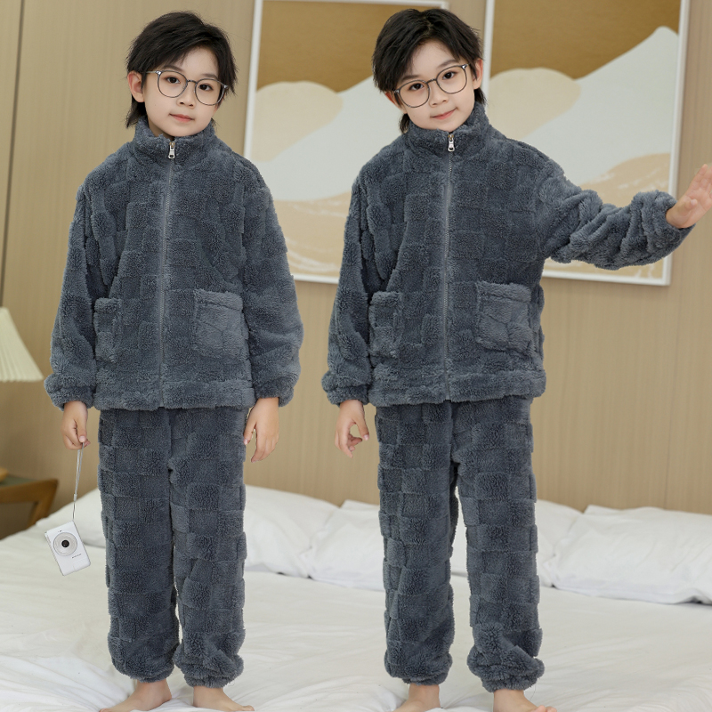 男童法兰绒睡衣冬季新款儿童保暖家居服套装中大童男孩珊瑚绒童装