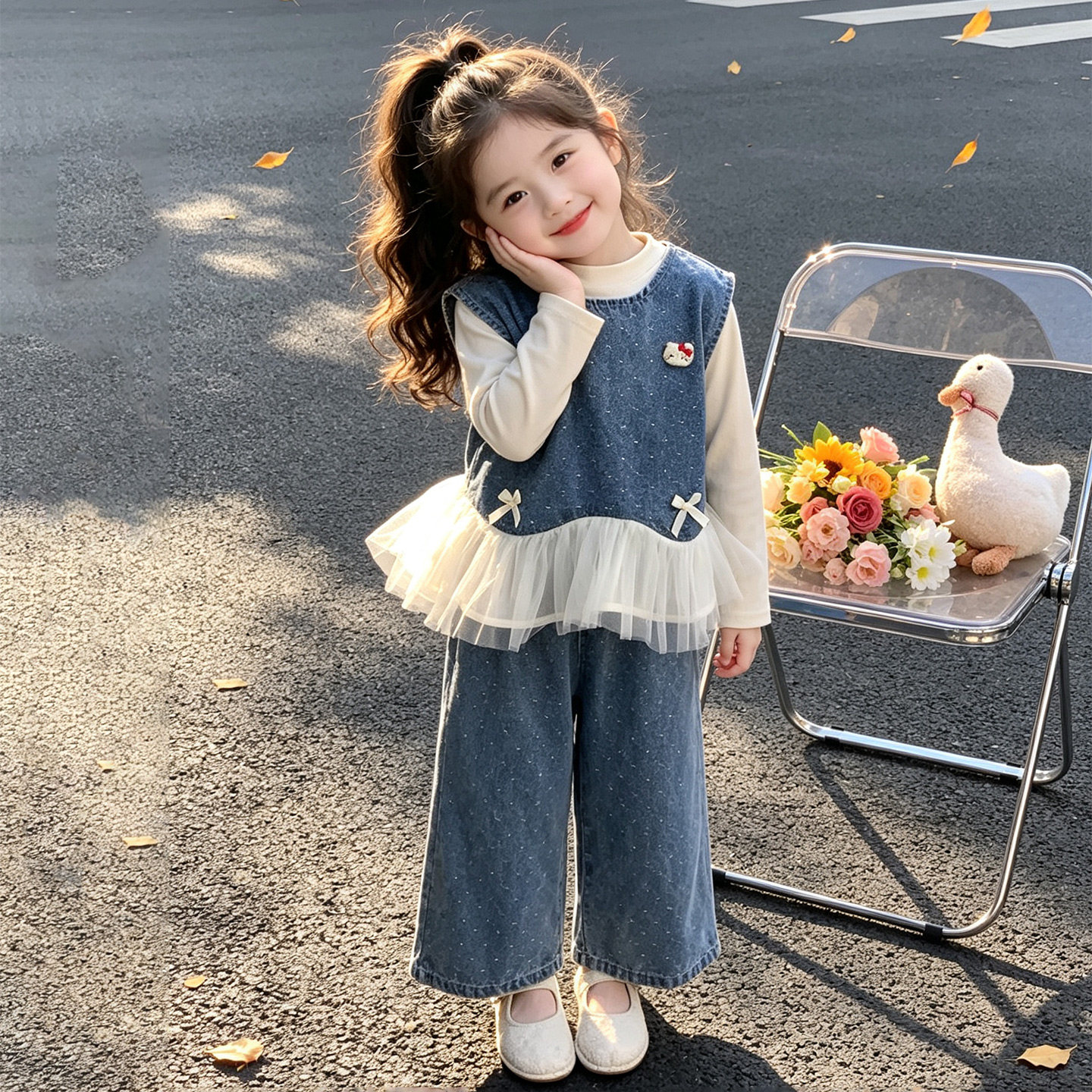 女童牛仔套装秋季韩版女孩2026新款三件套小童上衣休闲裤休闲