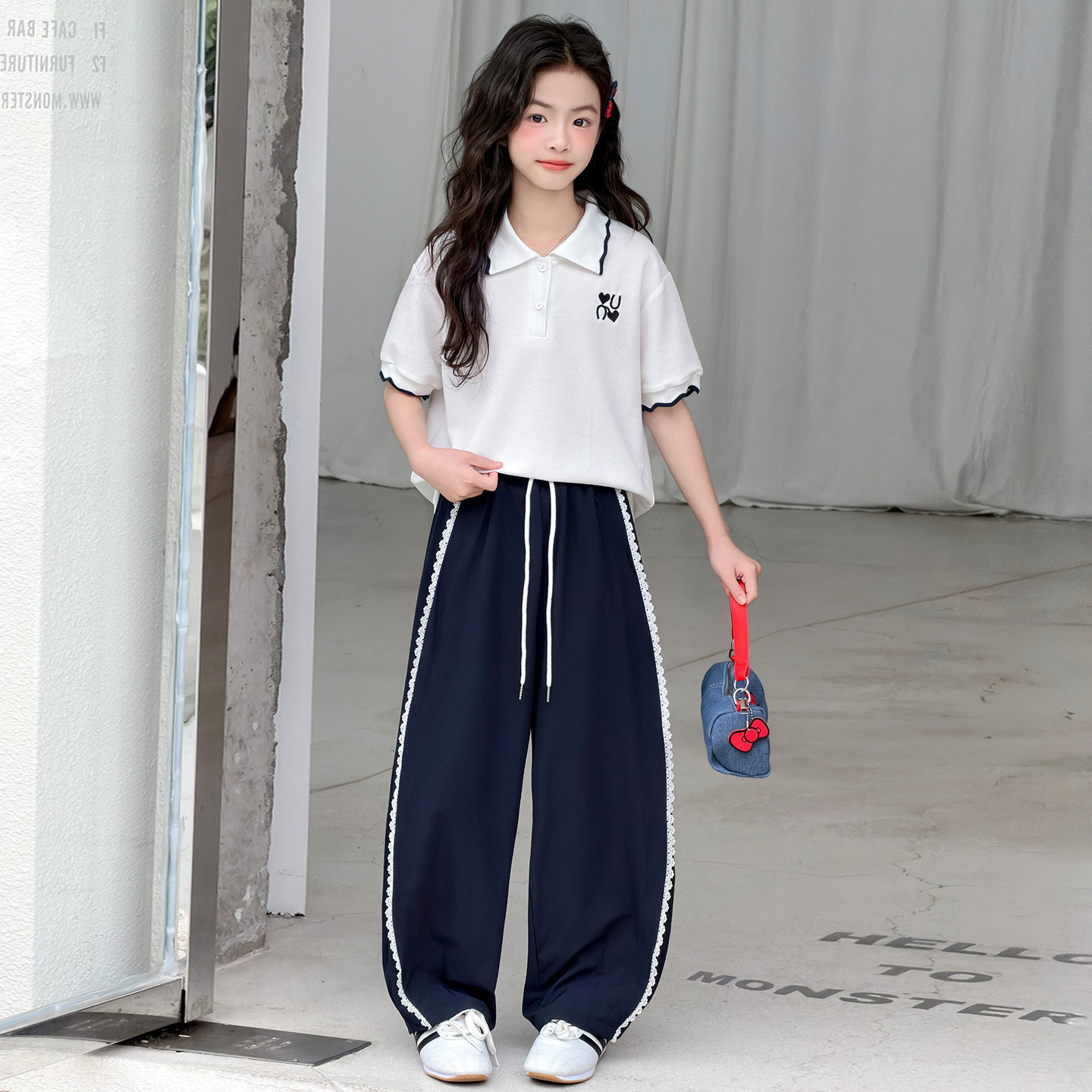 女童polo衫短袖套装夏季女孩T恤休闲裤两件套中儿童上衣运动裤子