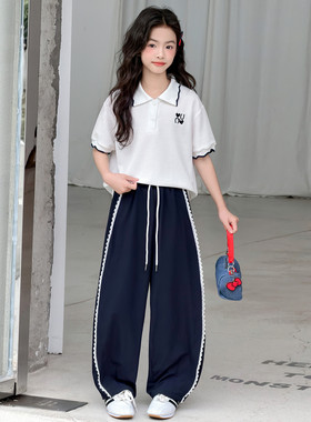 女童polo衫短袖套装夏季女孩T恤休闲裤两件套中儿童上衣运动裤子