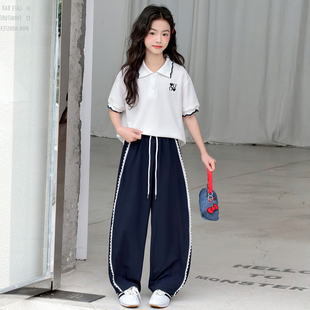 女童polo衫短袖套装夏季女孩T恤休闲裤两件套中儿童上衣运动裤子