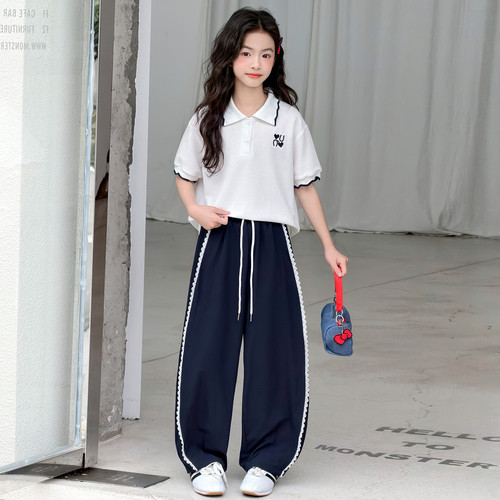 女童polo衫短袖套装夏季女孩T恤休闲裤两件套中儿童上衣运动裤子