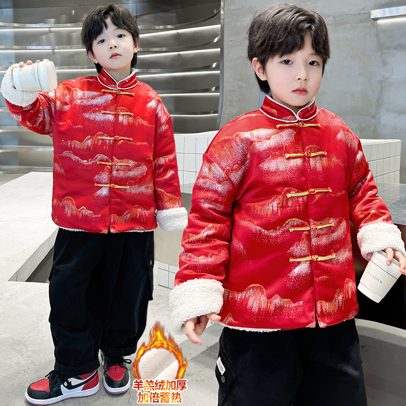 男童唐装汉服冬装儿童加绒加厚棉衣外套中大童宝宝拜年服表演服潮