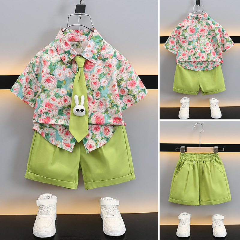 六一儿童演出服儿童花衬衫短袖两件套2025新款夏季男童宝宝衣服潮