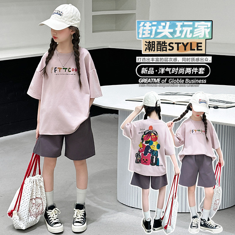 女童T恤夏季新款韩版女孩短袖短裤两件套大童运动套装休闲运动装