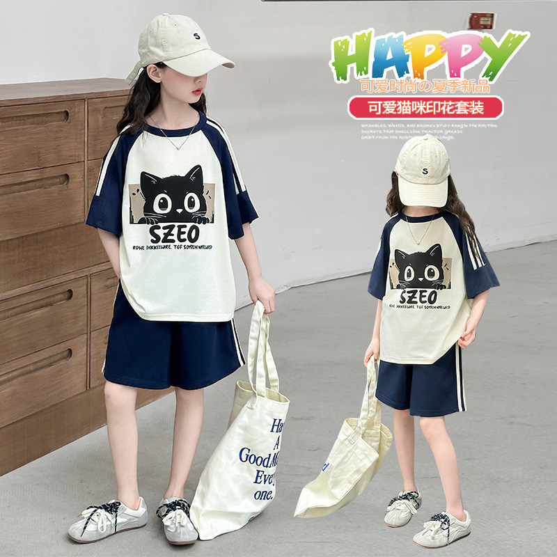 女童T恤夏季新款韩版女孩短袖短裤两件套大童运动套装休闲运动装
