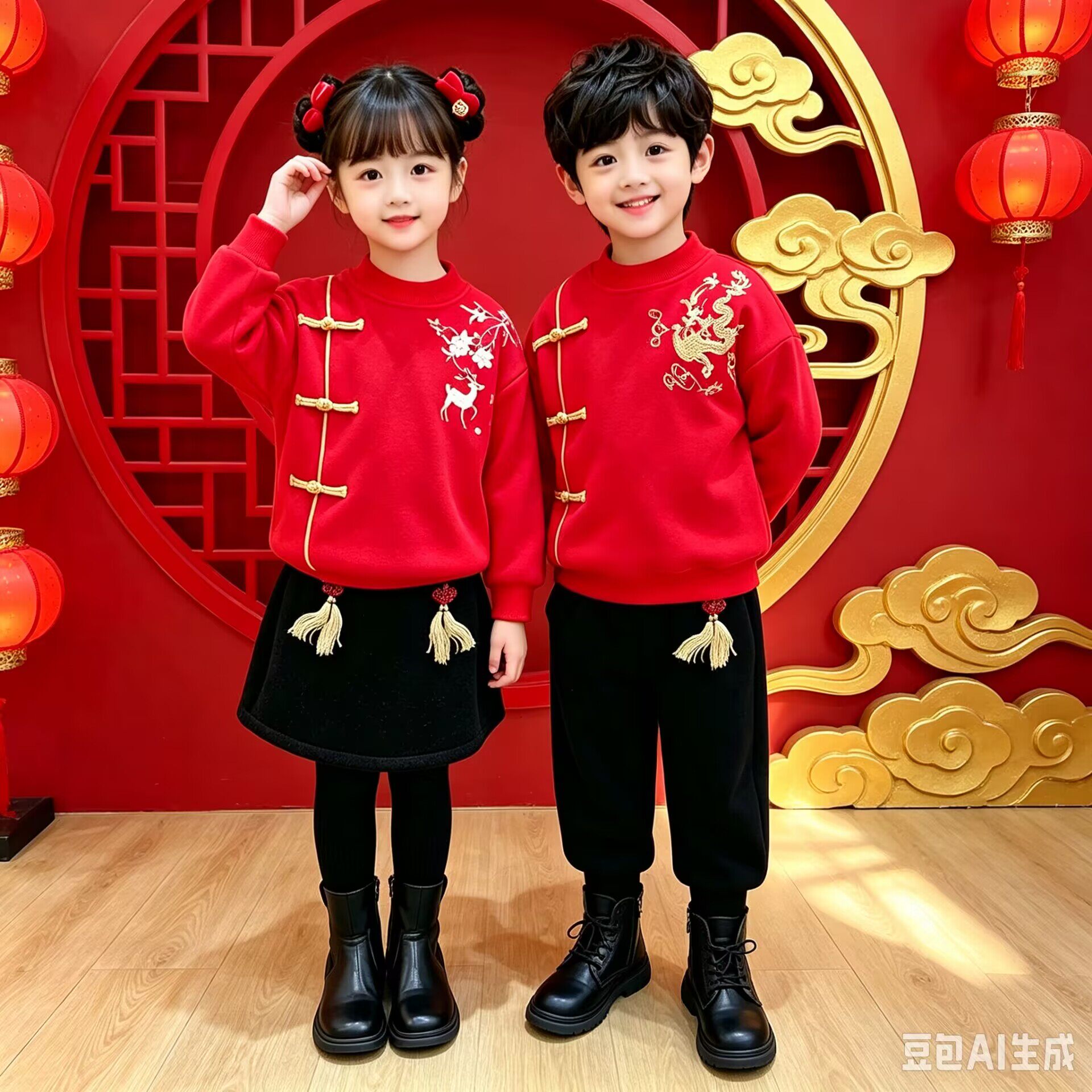 幼儿园元旦表演服秋冬装儿童加绒卫衣套装民族风国学服新年拜年服