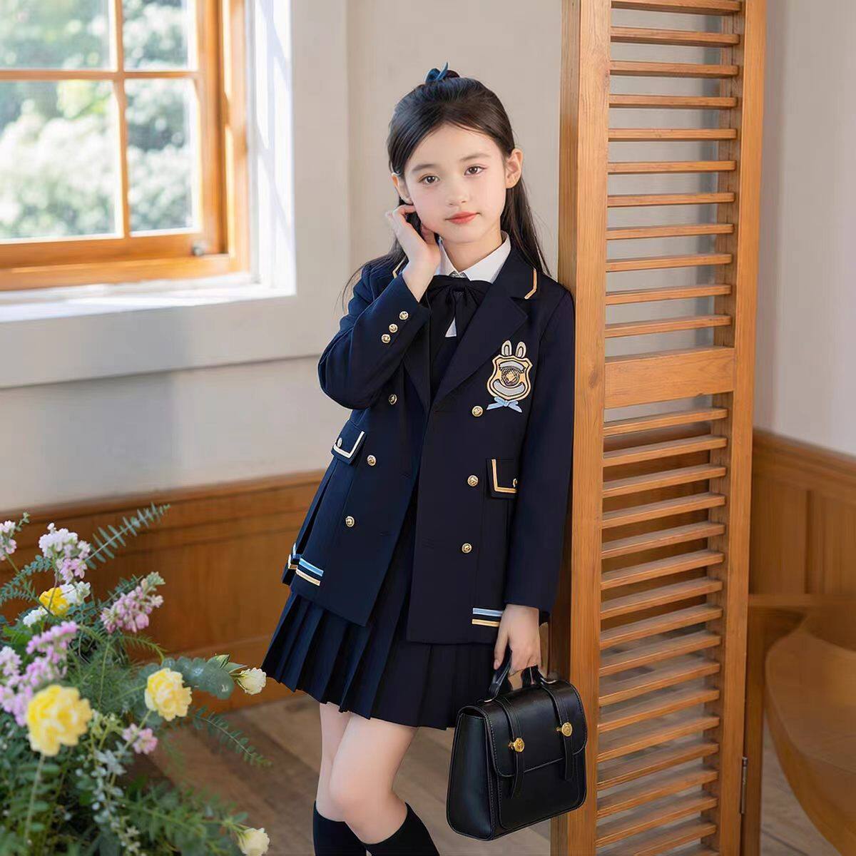 女童学院风套装春秋新款女孩西装外套假两件连衣裙班服团体演出服