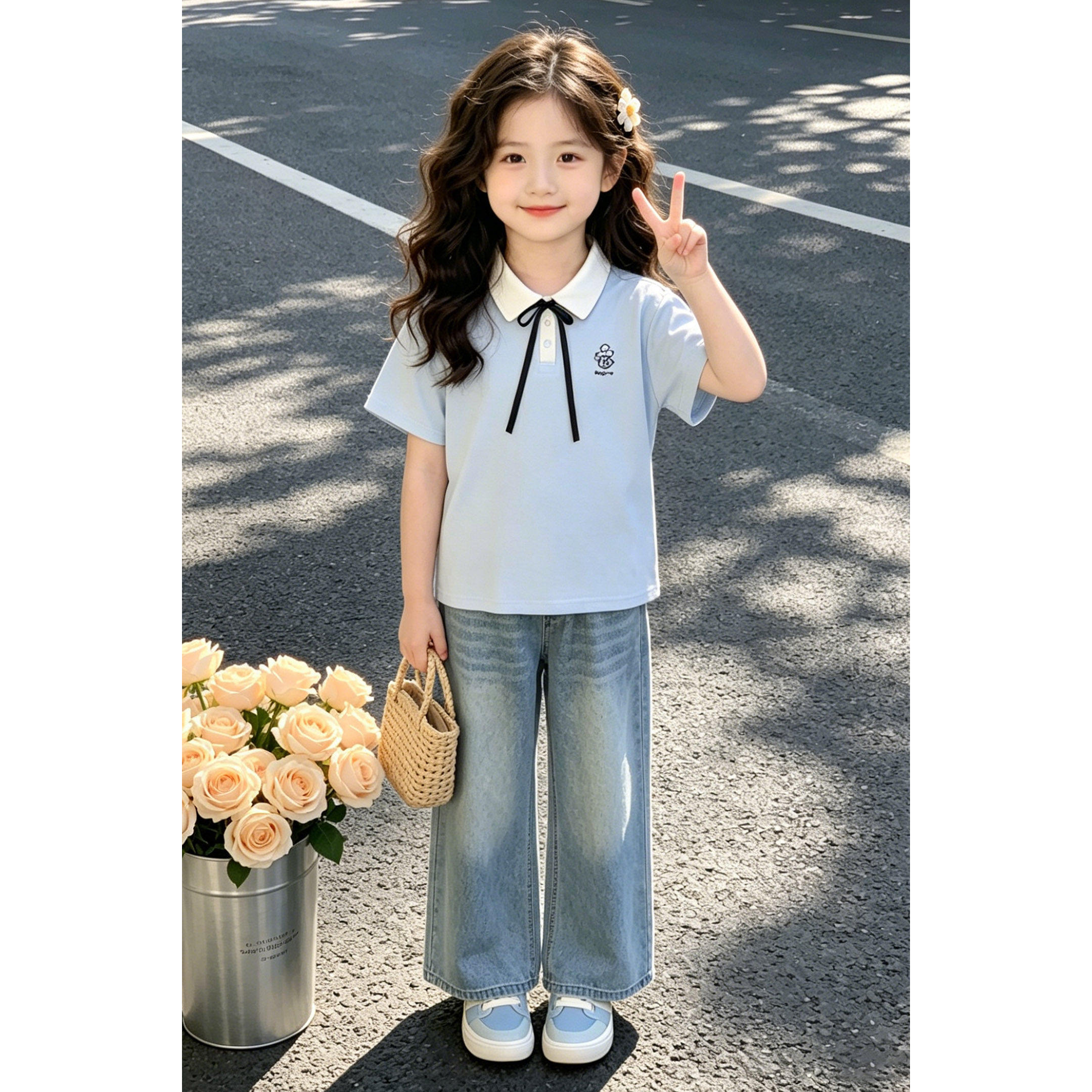 女孩polo短袖长裤套装夏季新款儿童T恤牛仔裤两件套女大童夏装潮