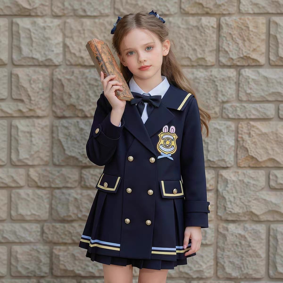 女童学院风套装春秋新款女孩西装外套假两件连衣裙班服团体演出服
