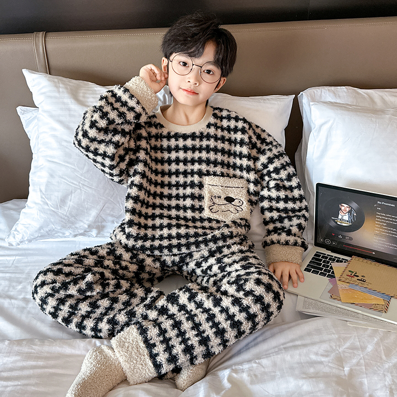 男童半边绒睡衣冬季新款儿童保暖家居服中大童男孩加绒休闲套装潮
