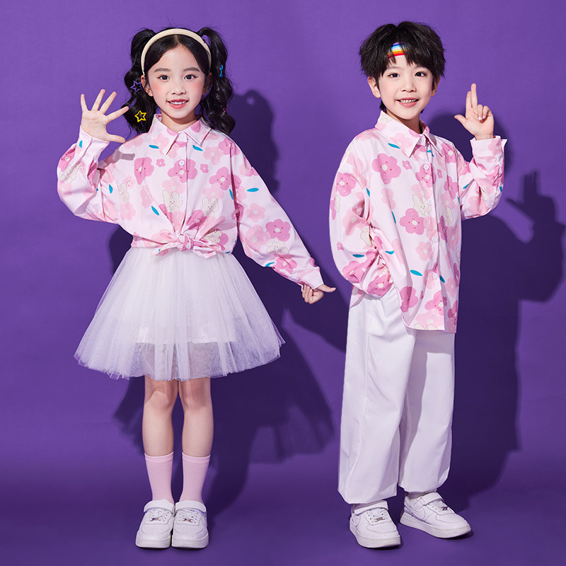 儿童演出服春秋幼儿园国庆合唱服男孩痞帅复古港风花衬衫表演套装