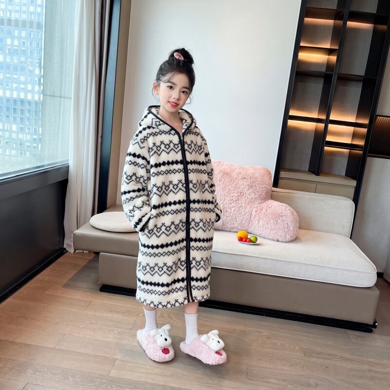 女童加绒保暖睡裙秋季新款儿童加厚家居服睡袍女孩长款睡衣童装潮